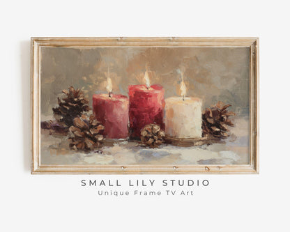 FRAME TV art Candles and Pinecones, Samsung Frame TV art Cozy Winter Holiday Vintage Style Painting | TV986