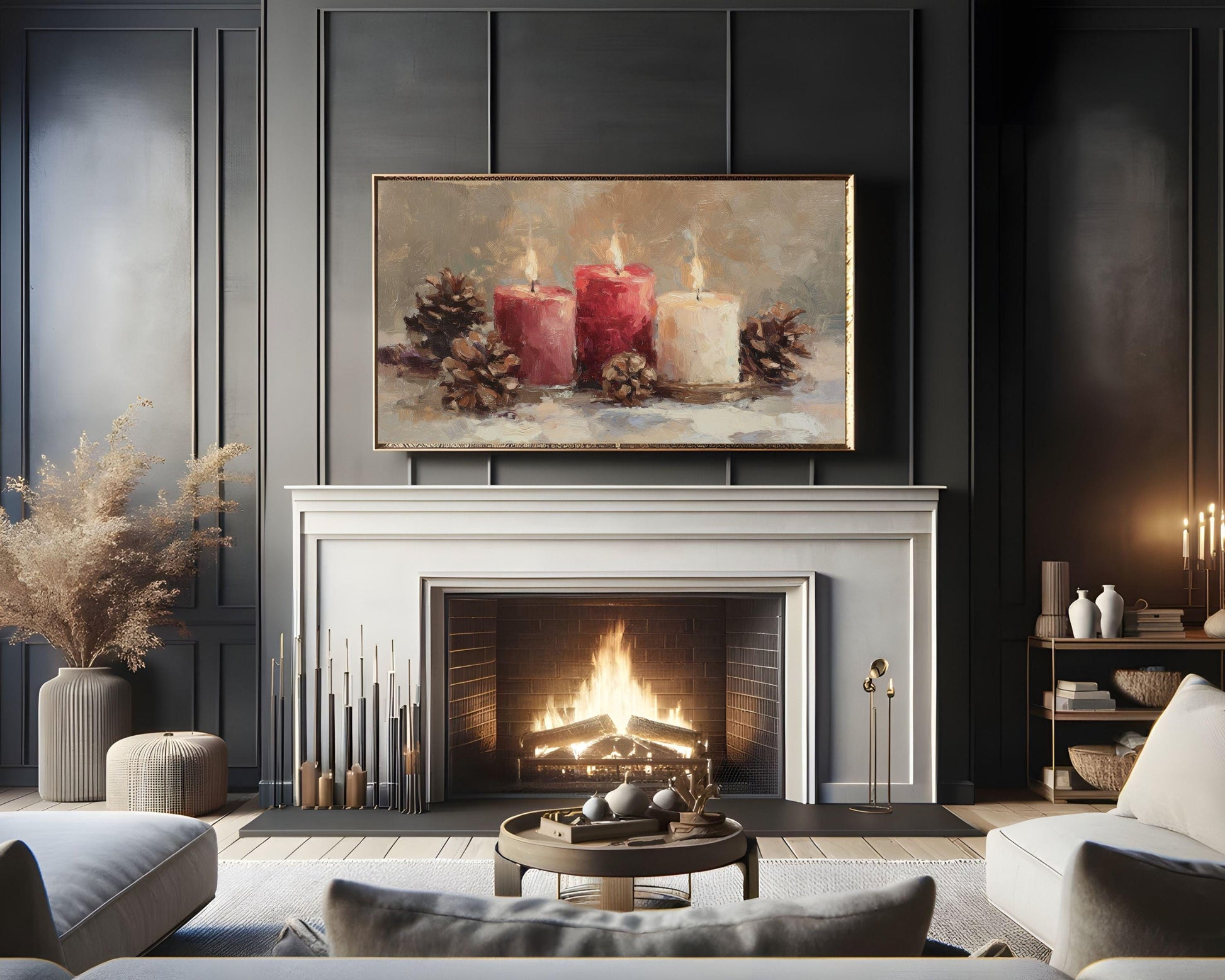 FRAME TV art Candles and Pinecones, Samsung Frame TV art Cozy Winter Holiday Vintage Style Painting | TV986