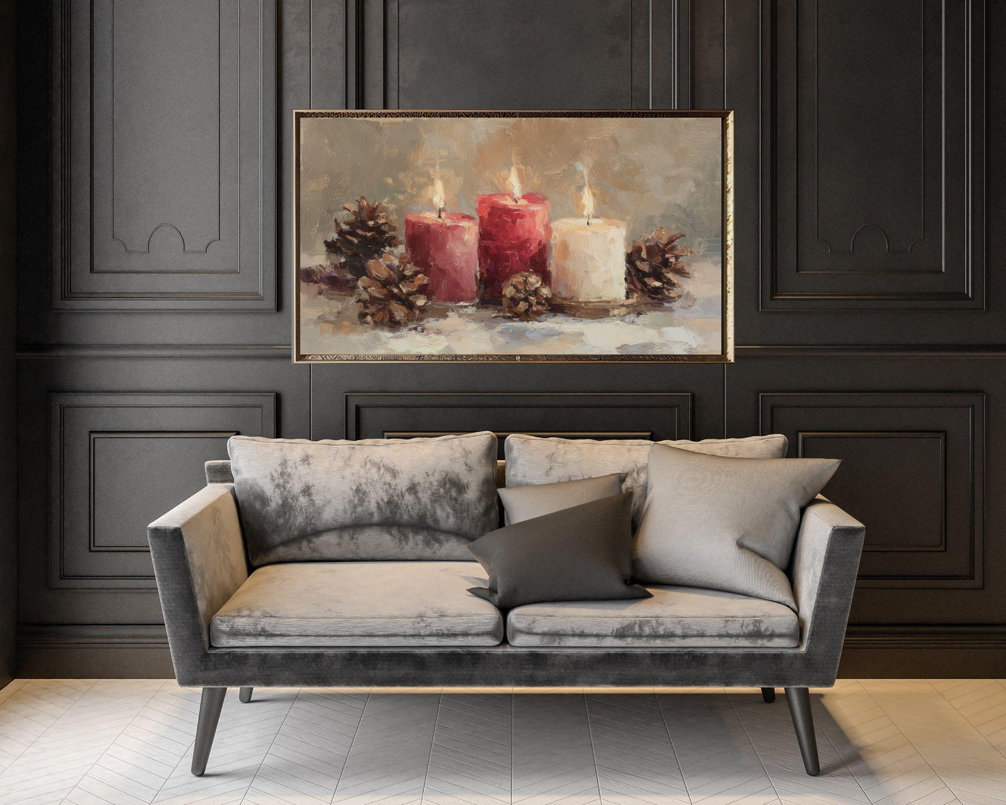 FRAME TV art Candles and Pinecones, Samsung Frame TV art Cozy Winter Holiday Vintage Style Painting | TV986