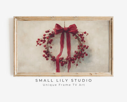 FRAME TV art Red Berry Wreath, Samsung Frame TV art Christmas berries and botanicals, Festive vintage style painting | TV987