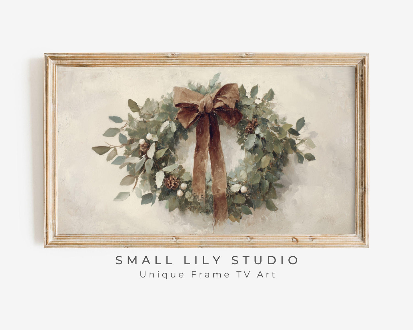 FRAME TV art Christmas Wreath with Brown Bow, Samsung Frame TV art Festive Botanicals vintage style painting | TV988