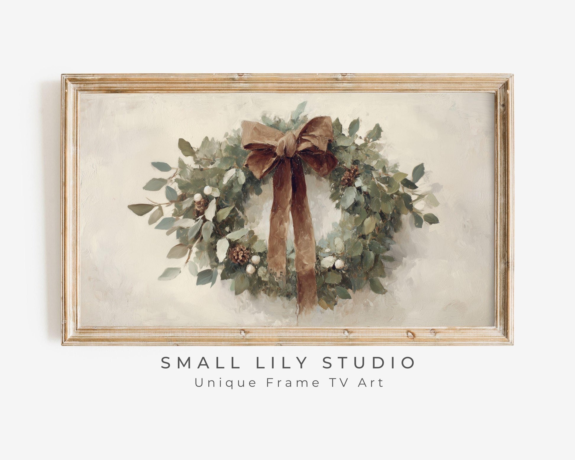 FRAME TV art Christmas Wreath with Brown Bow, Samsung Frame TV art Festive Botanicals vintage style painting | TV988