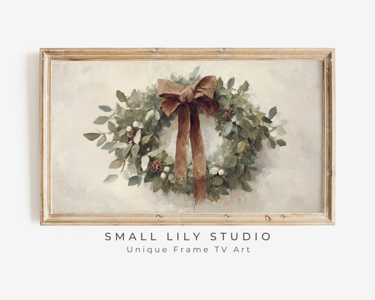 FRAME TV art Christmas Wreath with Brown Bow, Samsung Frame TV art Festive Botanicals vintage style painting | TV988