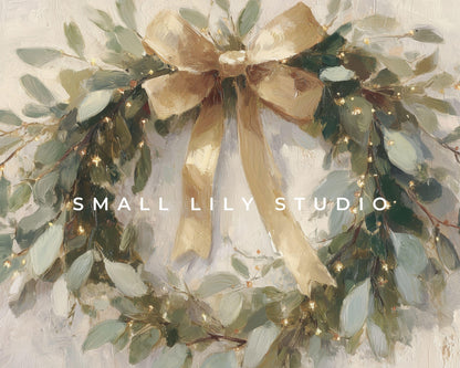 FRAME TV art Christmas Wreath with Gold Bow, Samsung Frame TV art Festive Botanicals vintage style painting | TV989