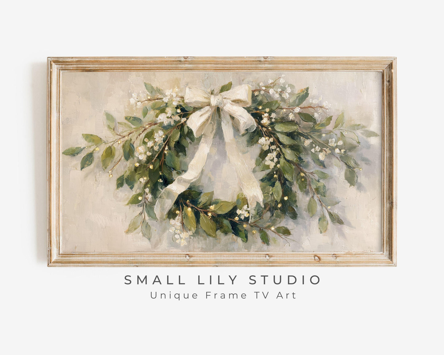 FRAME TV art Christmas Wreath with White Bow, Samsung Frame TV art Festive Botanicals vintage style painting | TV990
