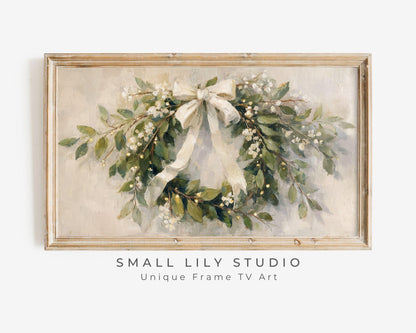 FRAME TV art Christmas Wreath with White Bow, Samsung Frame TV art Festive Botanicals vintage style painting | TV990
