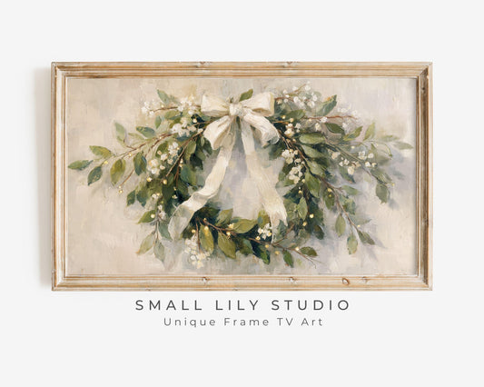 FRAME TV art Christmas Wreath with White Bow, Samsung Frame TV art Festive Botanicals vintage style painting | TV990