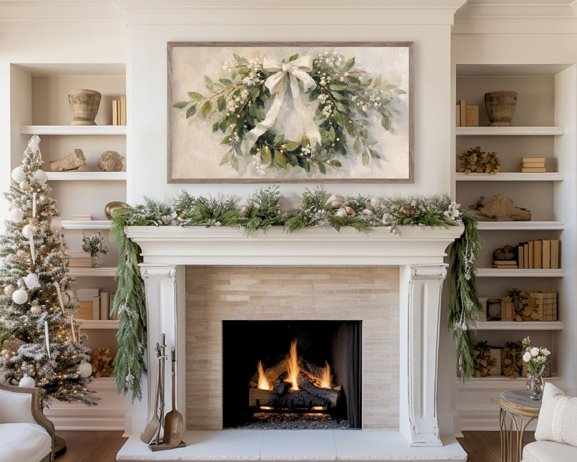 FRAME TV art Christmas Wreath with White Bow, Samsung Frame TV art Festive Botanicals vintage style painting | TV990