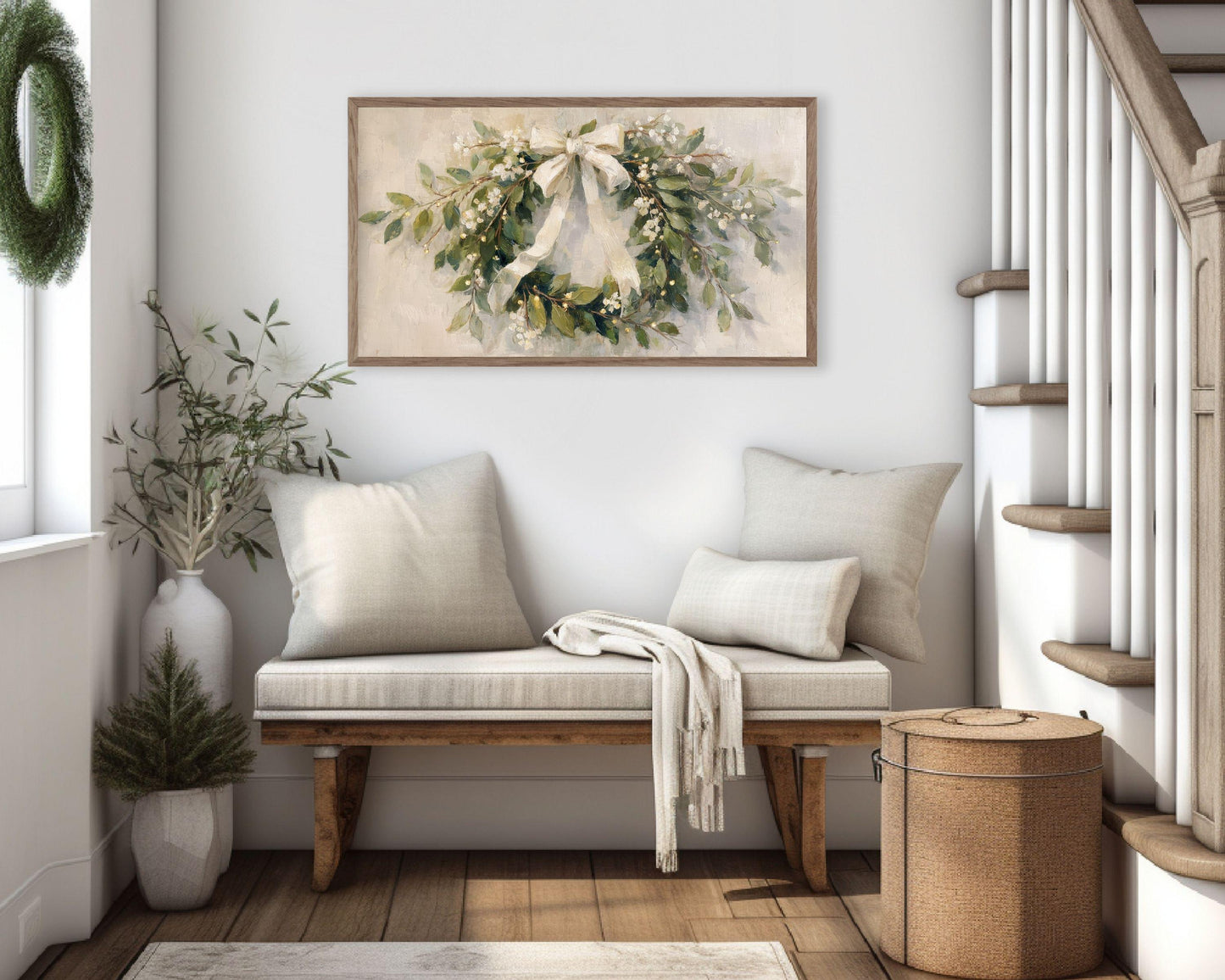 FRAME TV art Christmas Wreath with White Bow, Samsung Frame TV art Festive Botanicals vintage style painting | TV990