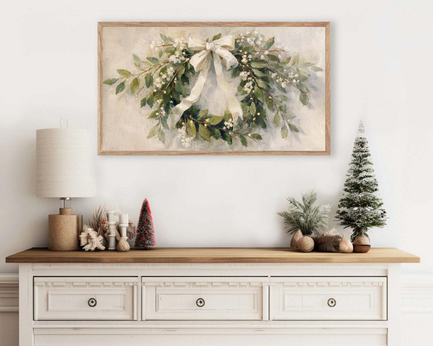 FRAME TV art Christmas Wreath with White Bow, Samsung Frame TV art Festive Botanicals vintage style painting | TV990