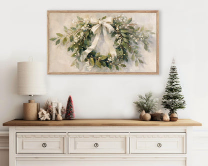 FRAME TV art Christmas Wreath with White Bow, Samsung Frame TV art Festive Botanicals vintage style painting | TV990