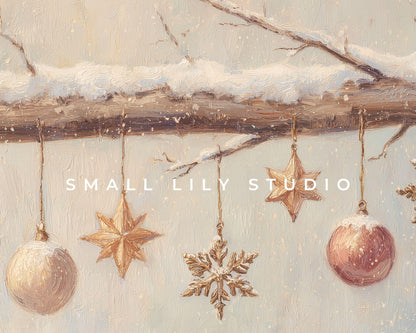 FRAME TV art Christmas Ornaments, Samsung Frame TV art Neutral vintage style festive painting | TV991