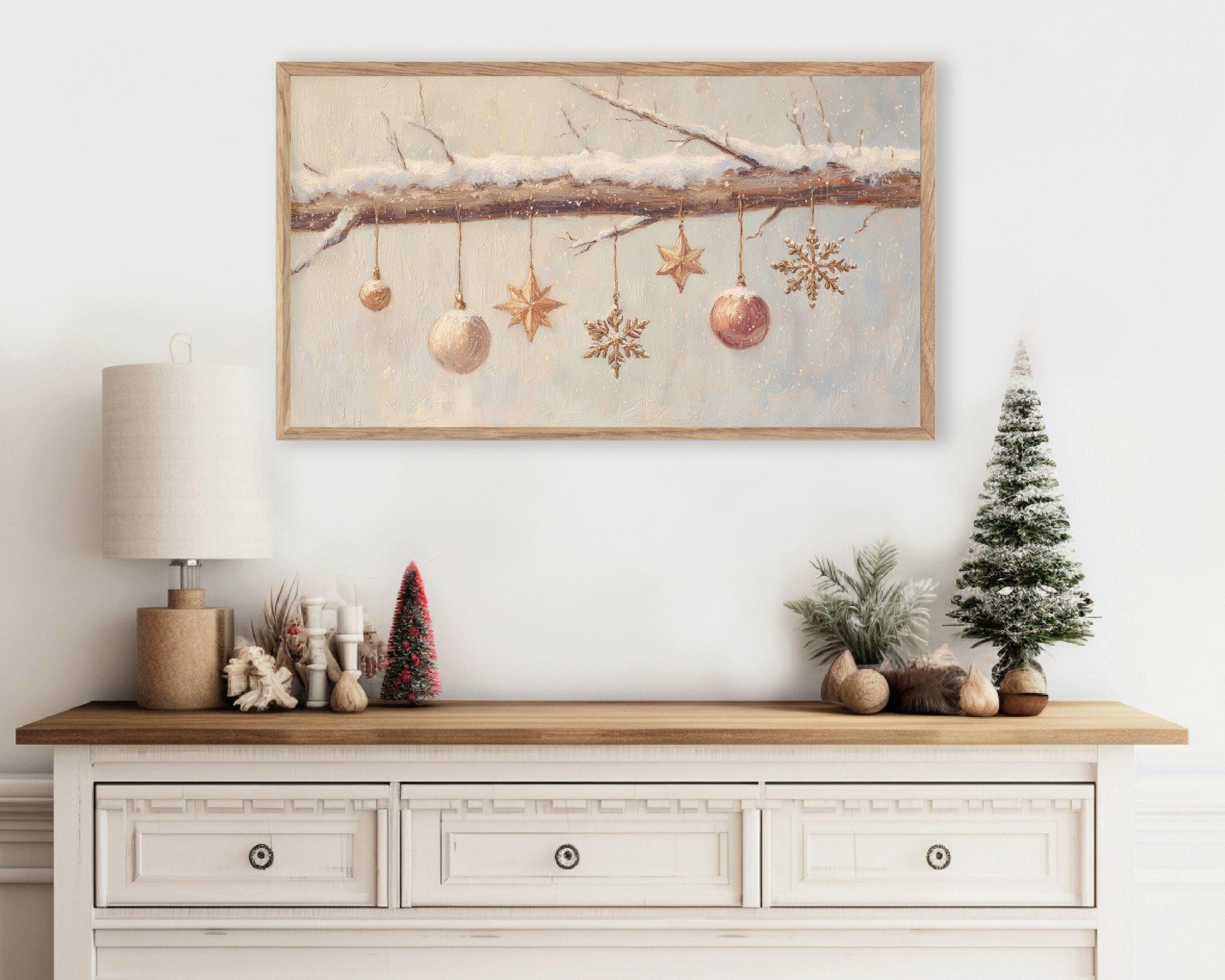 FRAME TV art Christmas Ornaments, Samsung Frame TV art Neutral vintage style festive painting | TV991