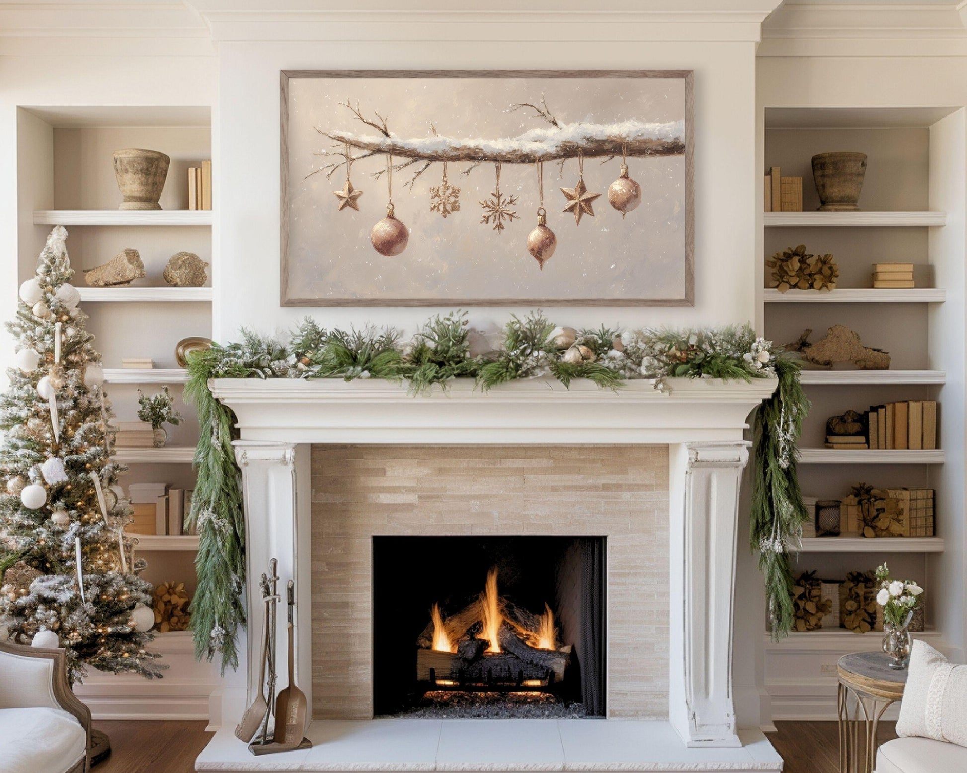 FRAME TV art Christmas Ornaments, Samsung Frame TV art Neutral vintage style festive painting | TV992