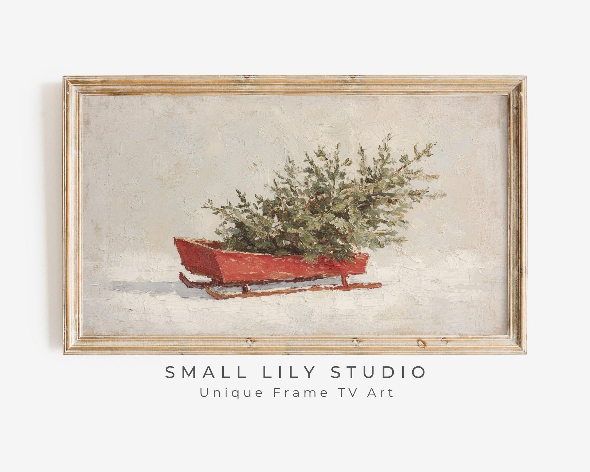FRAME TV art Christmas Sled, Samsung Frame TV art Sled and Christmas Tree vintage style winter holiday painting | TV993