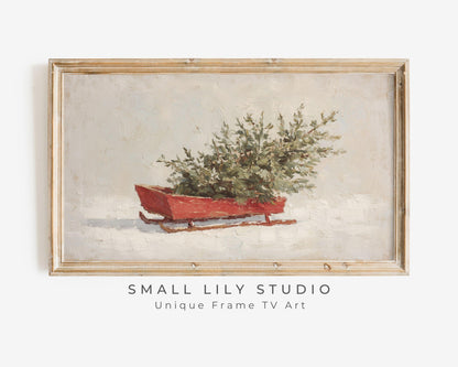 FRAME TV art Christmas Sled, Samsung Frame TV art Sled and Christmas Tree vintage style winter holiday painting | TV993