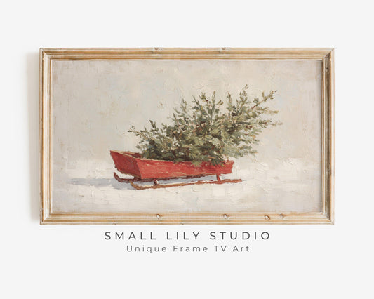 FRAME TV art Christmas Sled, Samsung Frame TV art Sled and Christmas Tree vintage style winter holiday painting | TV993