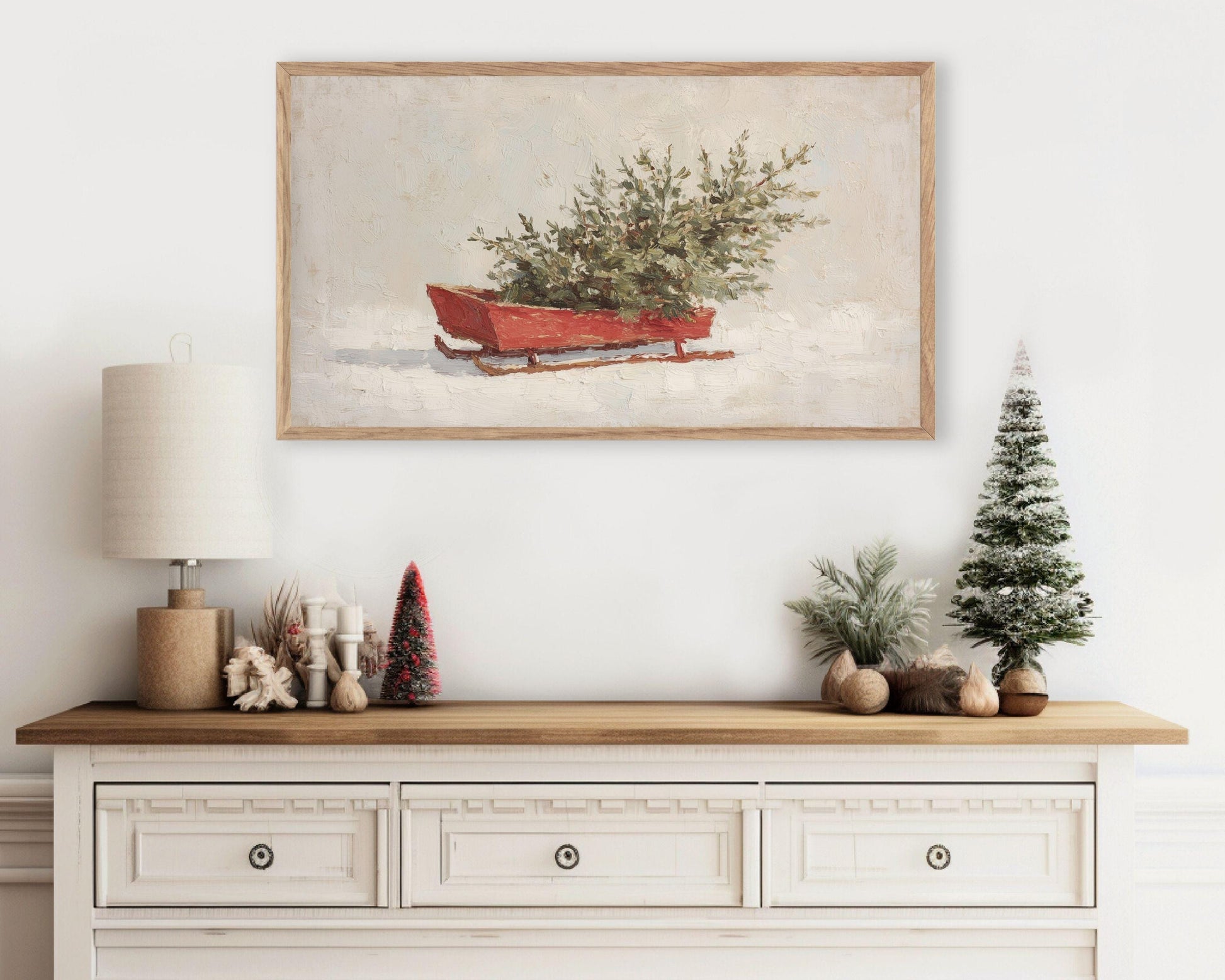 FRAME TV art Christmas Sled, Samsung Frame TV art Sled and Christmas Tree vintage style winter holiday painting | TV993