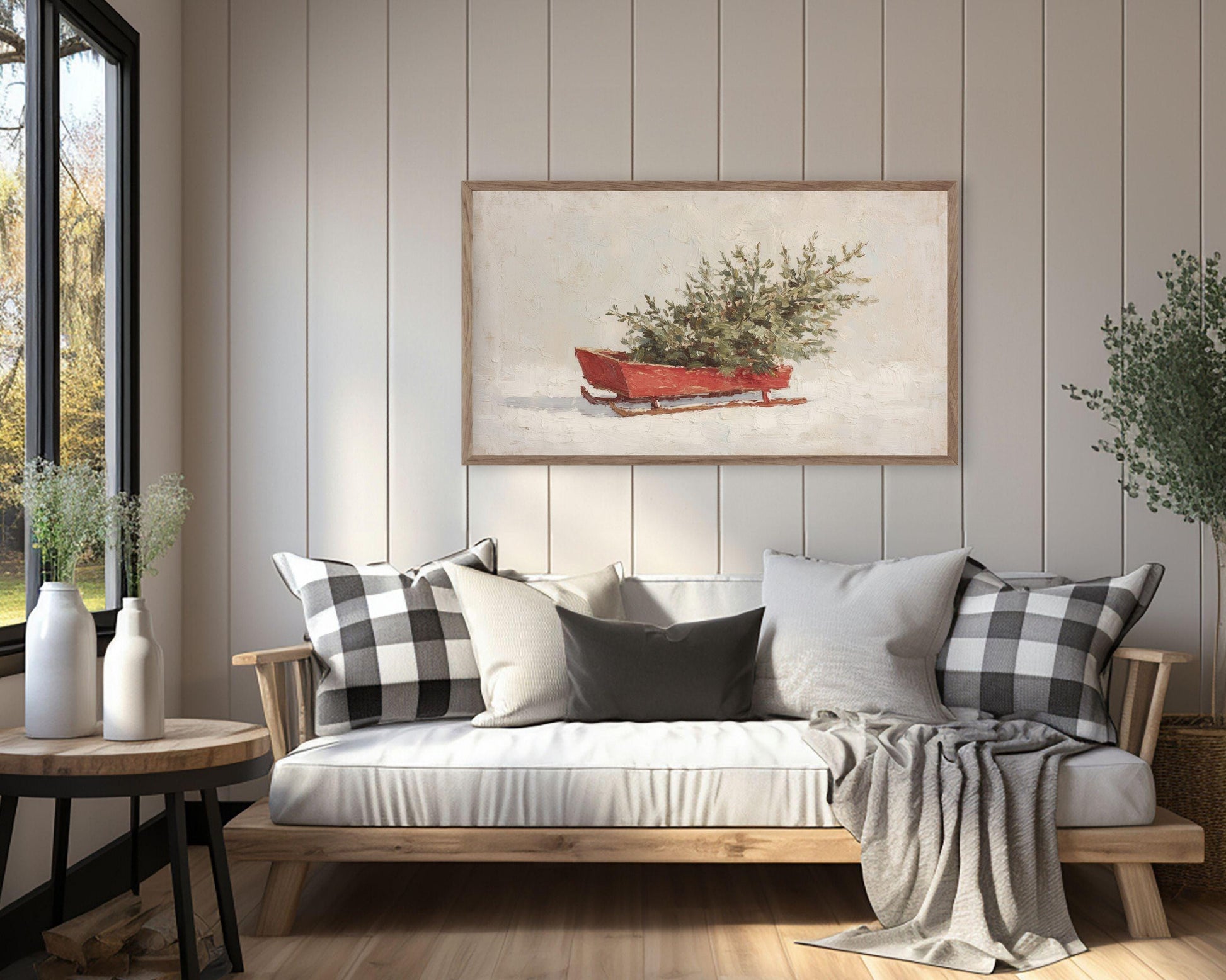 FRAME TV art Christmas Sled, Samsung Frame TV art Sled and Christmas Tree vintage style winter holiday painting | TV993