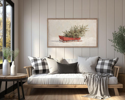 FRAME TV art Christmas Sled, Samsung Frame TV art Sled and Christmas Tree vintage style winter holiday painting | TV993