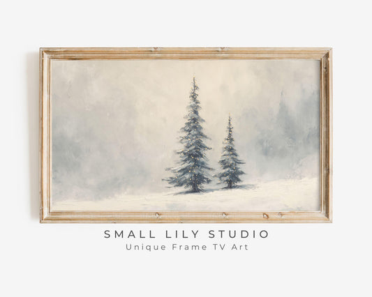 FRAME TV art Winter Landscape, Samsung Frame TV art Alpine Trees, Minimalist Christmas vintage style painting | TV994
