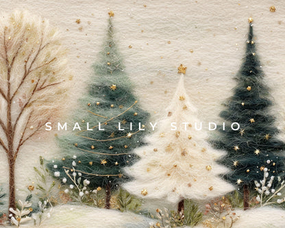 Christmas Trees Desktop Wallpaper Set, Felt Style Phone Wallpaper, Cute Winter iPhone Wallpaper, Aesthetic iPad Background | WS132