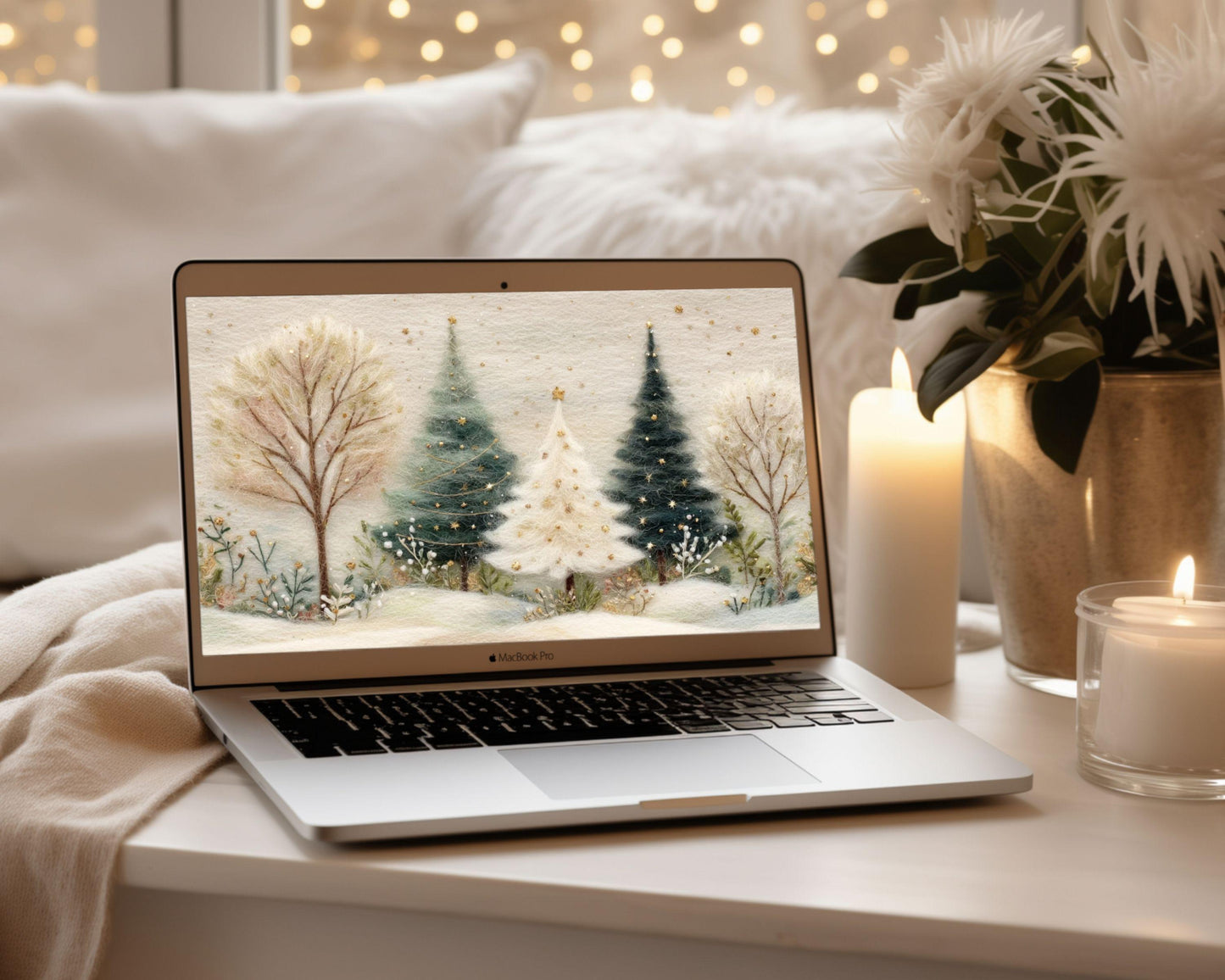 Christmas Trees Desktop Wallpaper Set, Felt Style Phone Wallpaper, Cute Winter iPhone Wallpaper, Aesthetic iPad Background | WS132