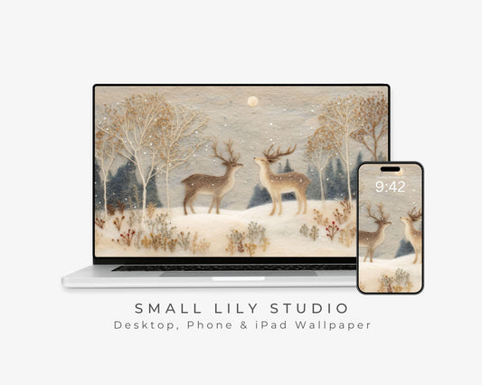 Deer Felt Style Wallpaper Set, Holidays Phone Wallpaper, Cute Winter iPhone Wallpaper, Aesthetic iPad Background | WS133
