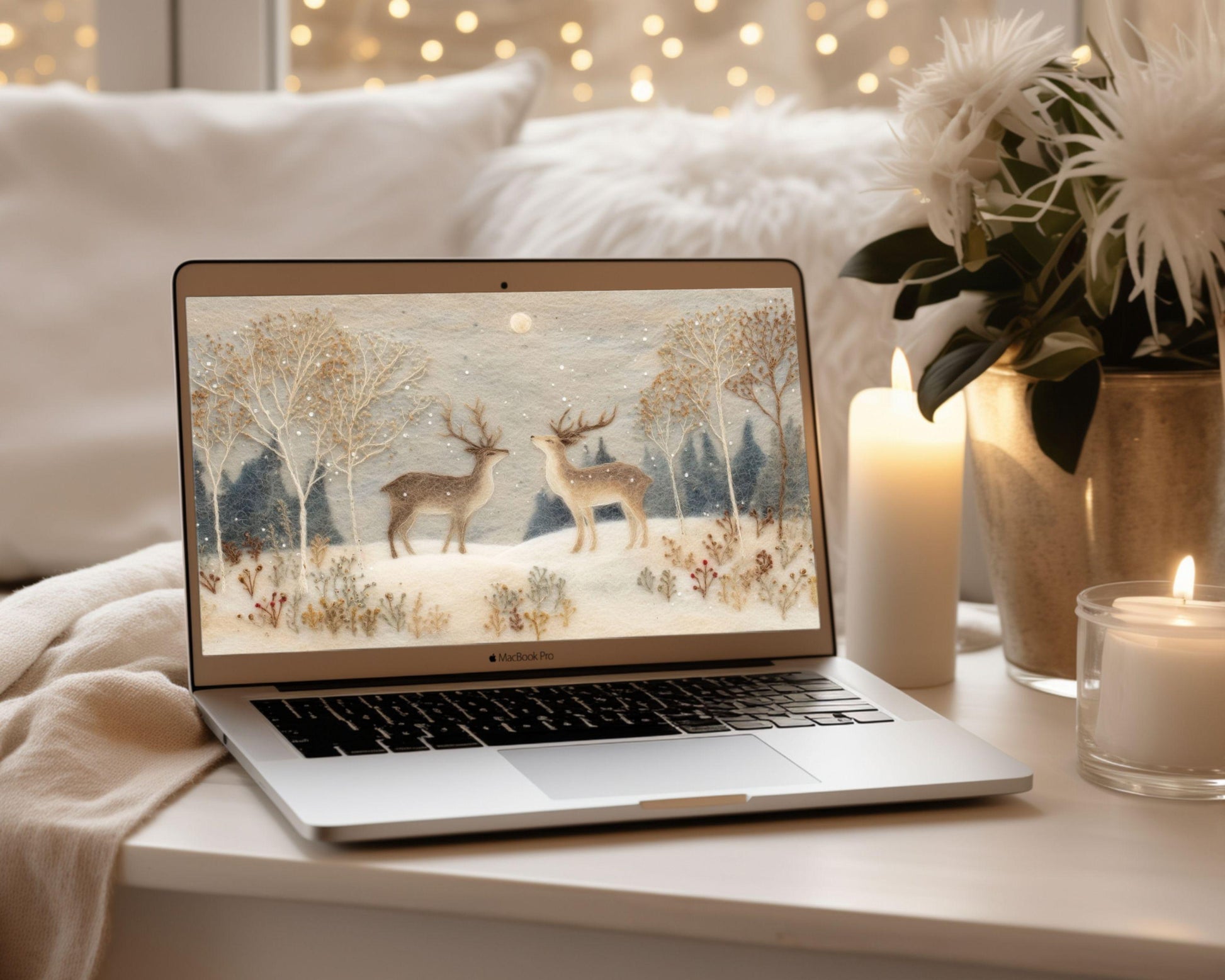 Deer Felt Style Wallpaper Set, Holidays Phone Wallpaper, Cute Winter iPhone Wallpaper, Aesthetic iPad Background | WS133