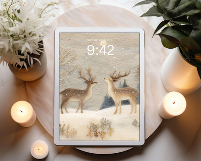 Deer Felt Style Wallpaper Set, Holidays Phone Wallpaper, Cute Winter iPhone Wallpaper, Aesthetic iPad Background | WS133