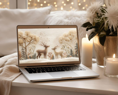 Deer Felt Style Wallpaper Set, Holidays Phone Wallpaper, Cute Winter iPhone Wallpaper, Aesthetic iPad Background | WS134