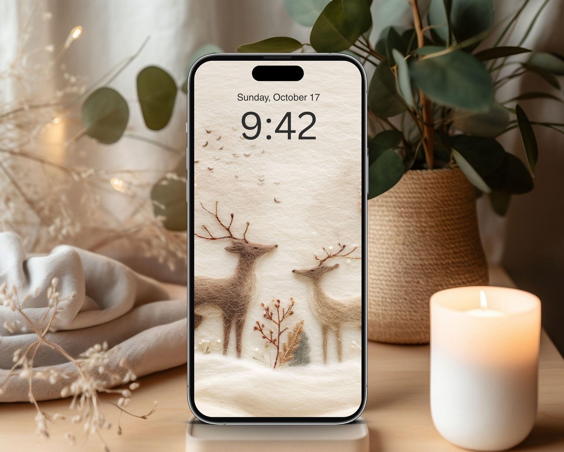 Deer Felt Style Wallpaper Set, Holidays Phone Wallpaper, Cute Winter iPhone Wallpaper, Aesthetic iPad Background | WS134