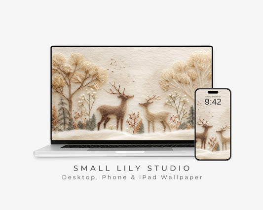 Deer Felt Style Wallpaper Set, Holidays Phone Wallpaper, Cute Winter iPhone Wallpaper, Aesthetic iPad Background | WS134