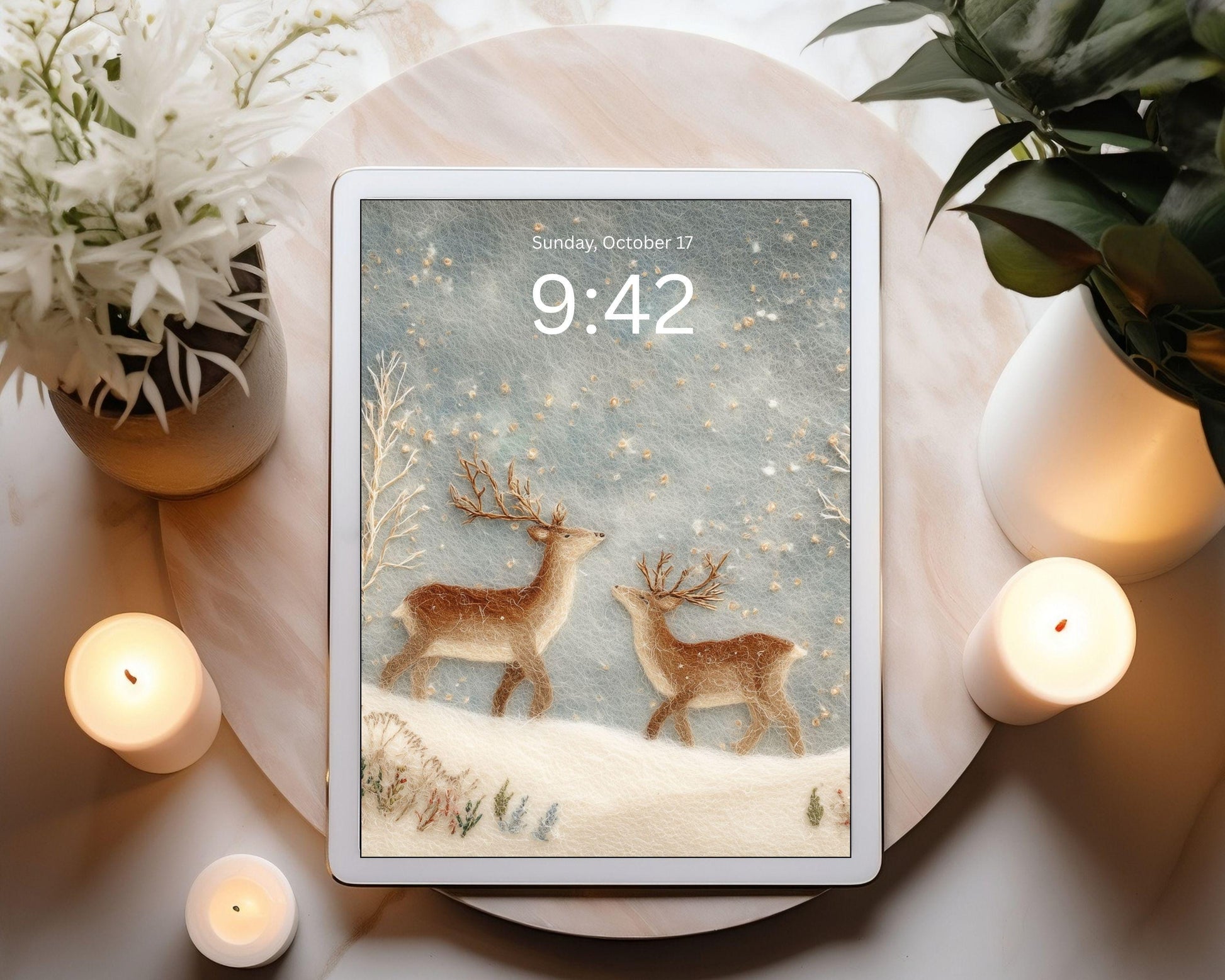 Deer Felt Style Wallpaper Set, Holidays Phone Wallpaper, Cute Winter iPhone Wallpaper, Aesthetic iPad Background | WS135