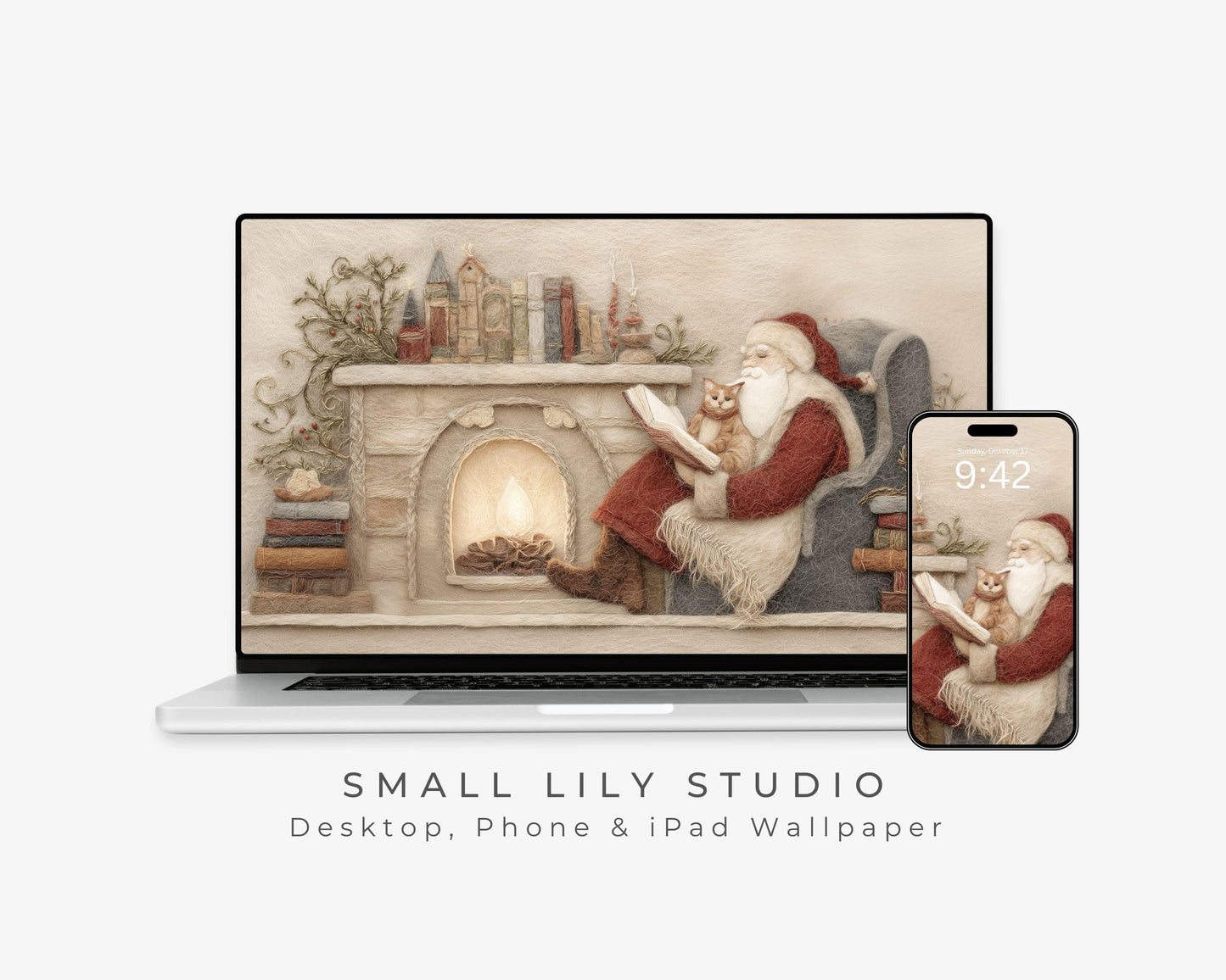Santa Reading Wallpaper Set, Christmas Phone Wallpaper, Cute Felt Style Winter iPhone Wallpaper, Cat Lover iPad Background | WS137