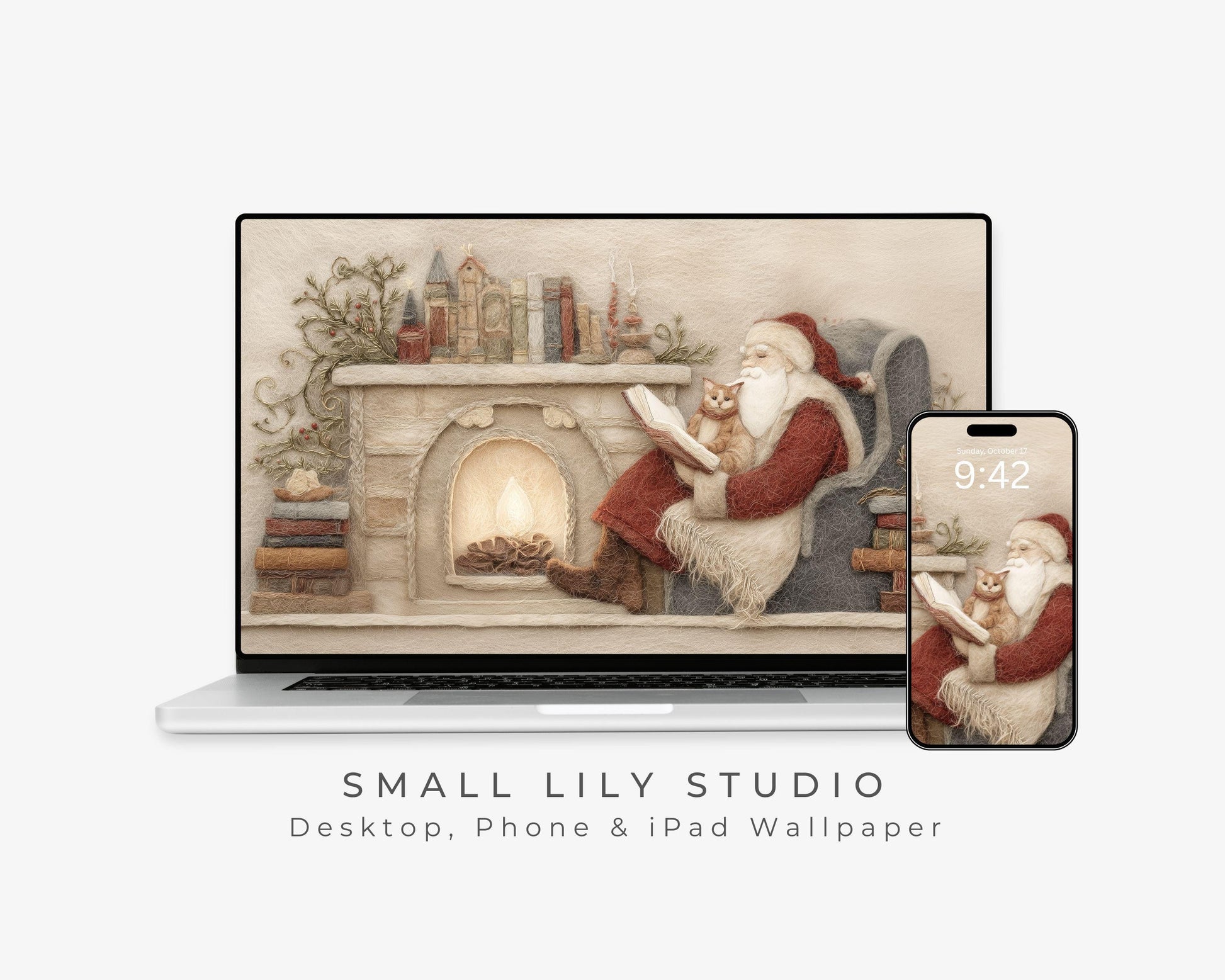 Santa Reading Wallpaper Set, Christmas Phone Wallpaper, Cute Felt Style Winter iPhone Wallpaper, Cat Lover iPad Background | WS137