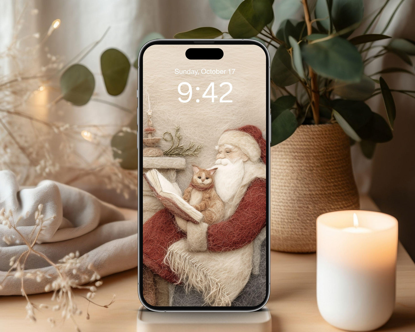 Santa Reading Wallpaper Set, Christmas Phone Wallpaper, Cute Felt Style Winter iPhone Wallpaper, Cat Lover iPad Background | WS137