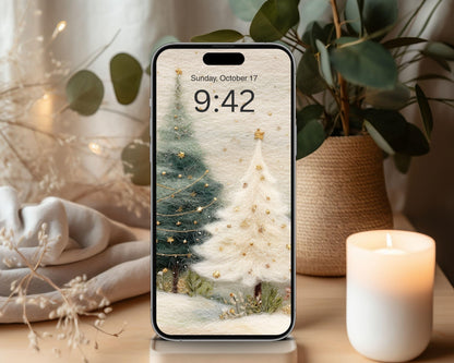 Christmas Trees Phone Wallpaper, Felt Style iPhone Wallpaper, Cute Winter Samsung Galaxy Phone Background | WP132
