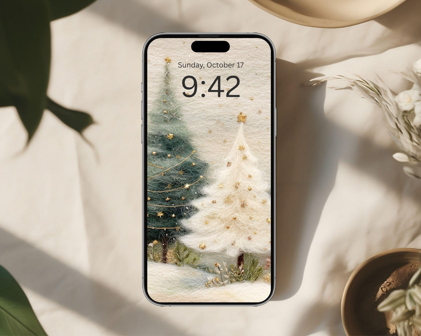Christmas Trees Phone Wallpaper, Felt Style iPhone Wallpaper, Cute Winter Samsung Galaxy Phone Background | WP132