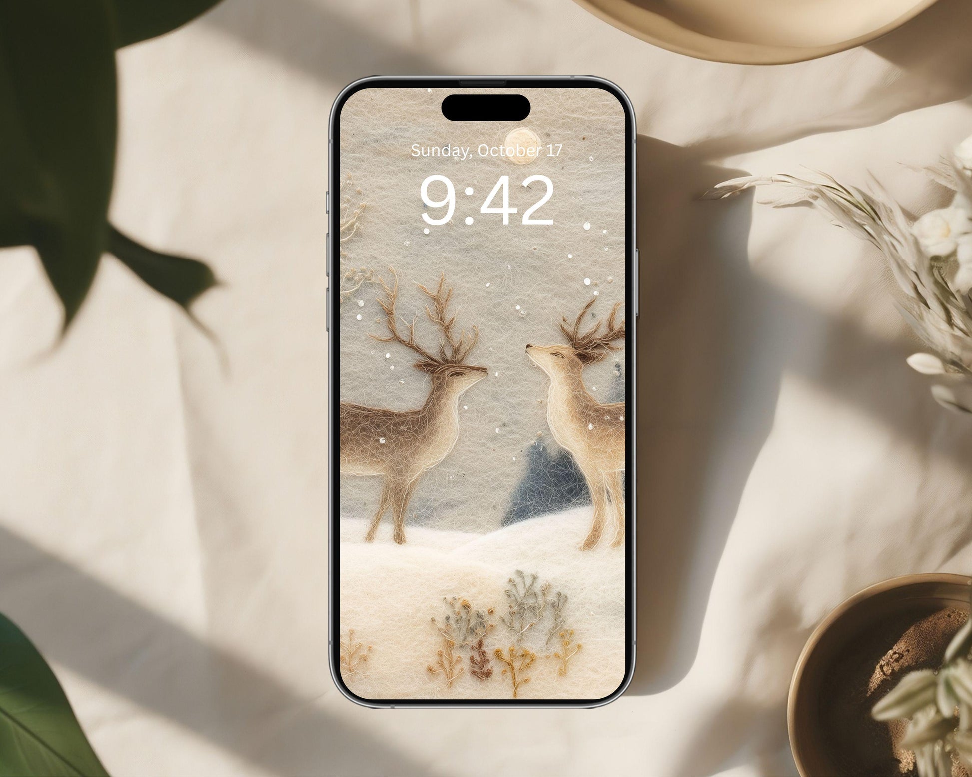 Deer Felt Style Phone Wallpaper, Holidays iPhone Wallpaper, Cute Winter Samsung Galaxy Phone Background | WP133
