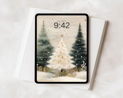 Christmas Trees iPad Wallpaper, Felt Style iPad Background, Cute Aesthetic Tablet Wallpaper | WT132