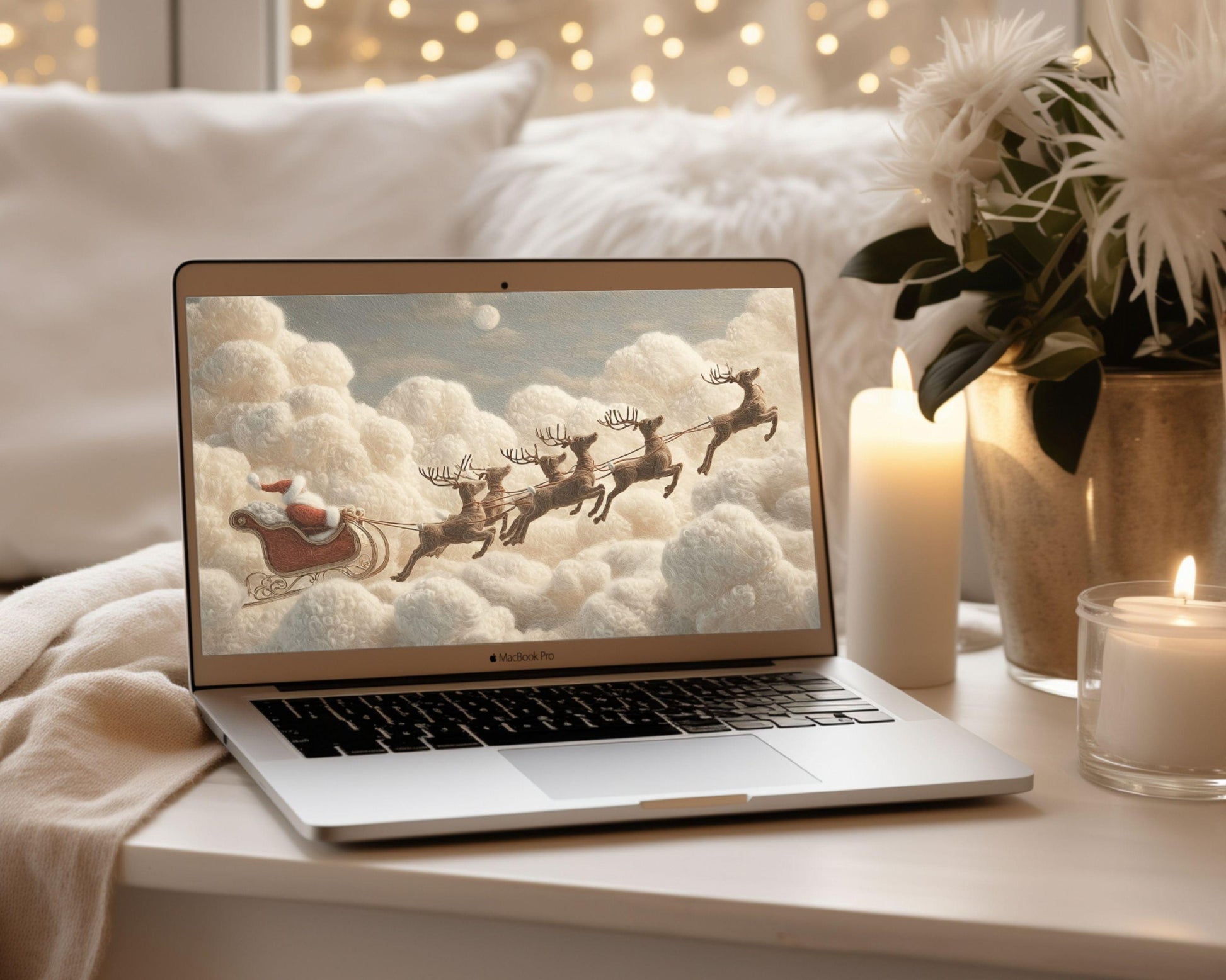 Santa’s Sleigh Ride Desktop Wallpaper, Christmas Macbook Wallpaper, Cute Felt Style Reindeer Laptop Background | WD136