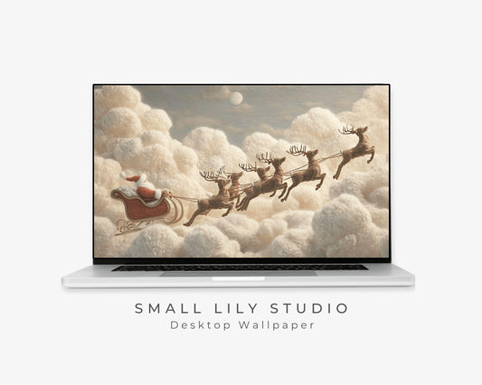 Santa’s Sleigh Ride Desktop Wallpaper, Christmas Macbook Wallpaper, Cute Felt Style Reindeer Laptop Background | WD136