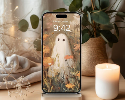 Halloween Phone Wallpaper Set of 2, Cute Ghost iPhone Wallpapers, Spooky Samsung Galaxy Phone Background, Vintage Style Art | WPB001