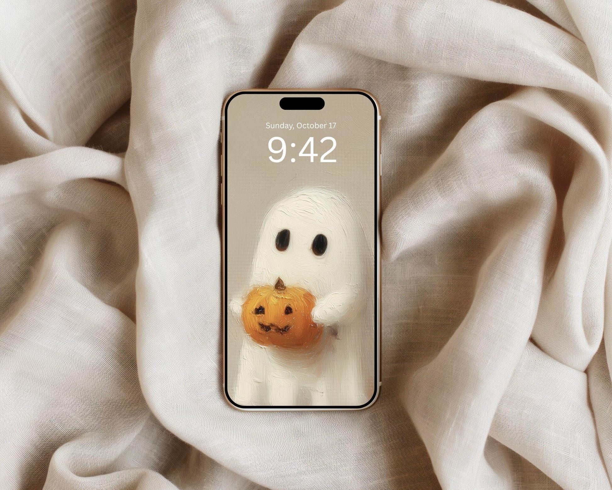 Halloween Phone Wallpaper Set of 2, Cute Ghost iPhone Wallpapers, Spooky Samsung Galaxy Phone Background, Vintage Style Art | WPB001