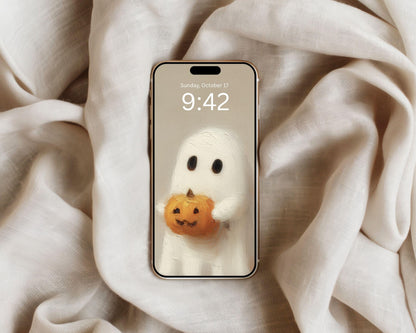 Halloween Phone Wallpaper Set of 2, Cute Ghost iPhone Wallpapers, Spooky Samsung Galaxy Phone Background, Vintage Style Art | WPB001