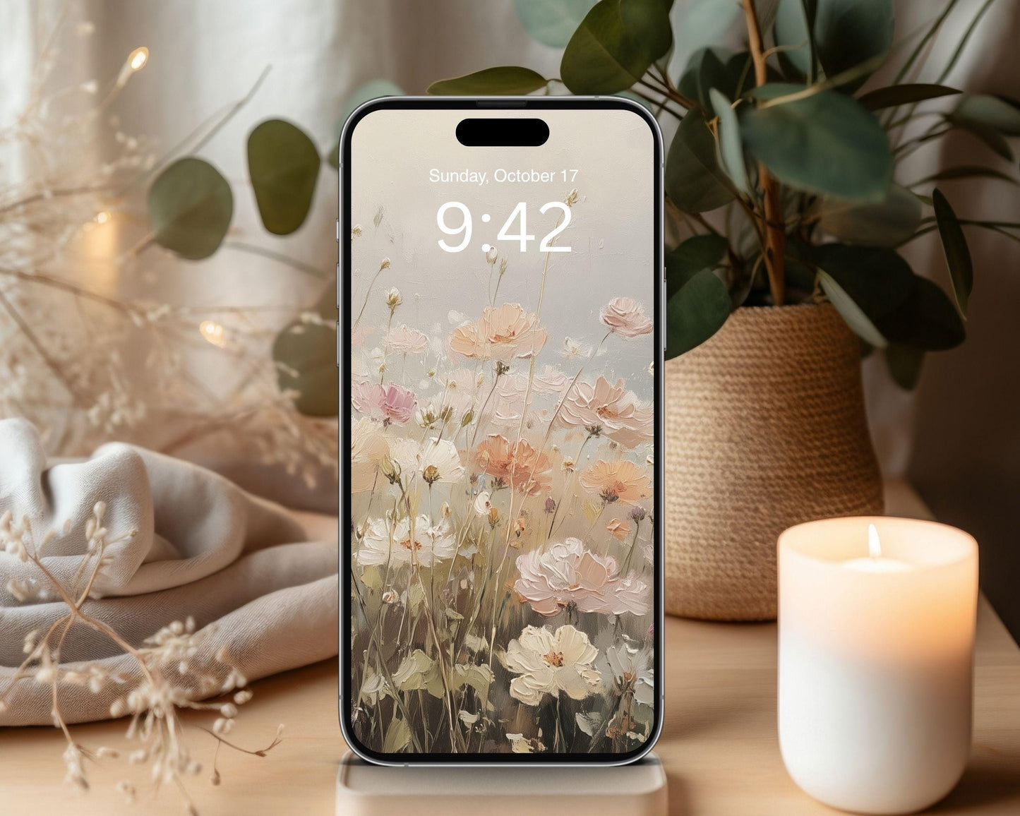 Fall Flowers Phone Wallpaper Set of 2, Floral Landscape iPhone Wallpapers, Vintage Style Samsung Galaxy Phone Background | WPB002