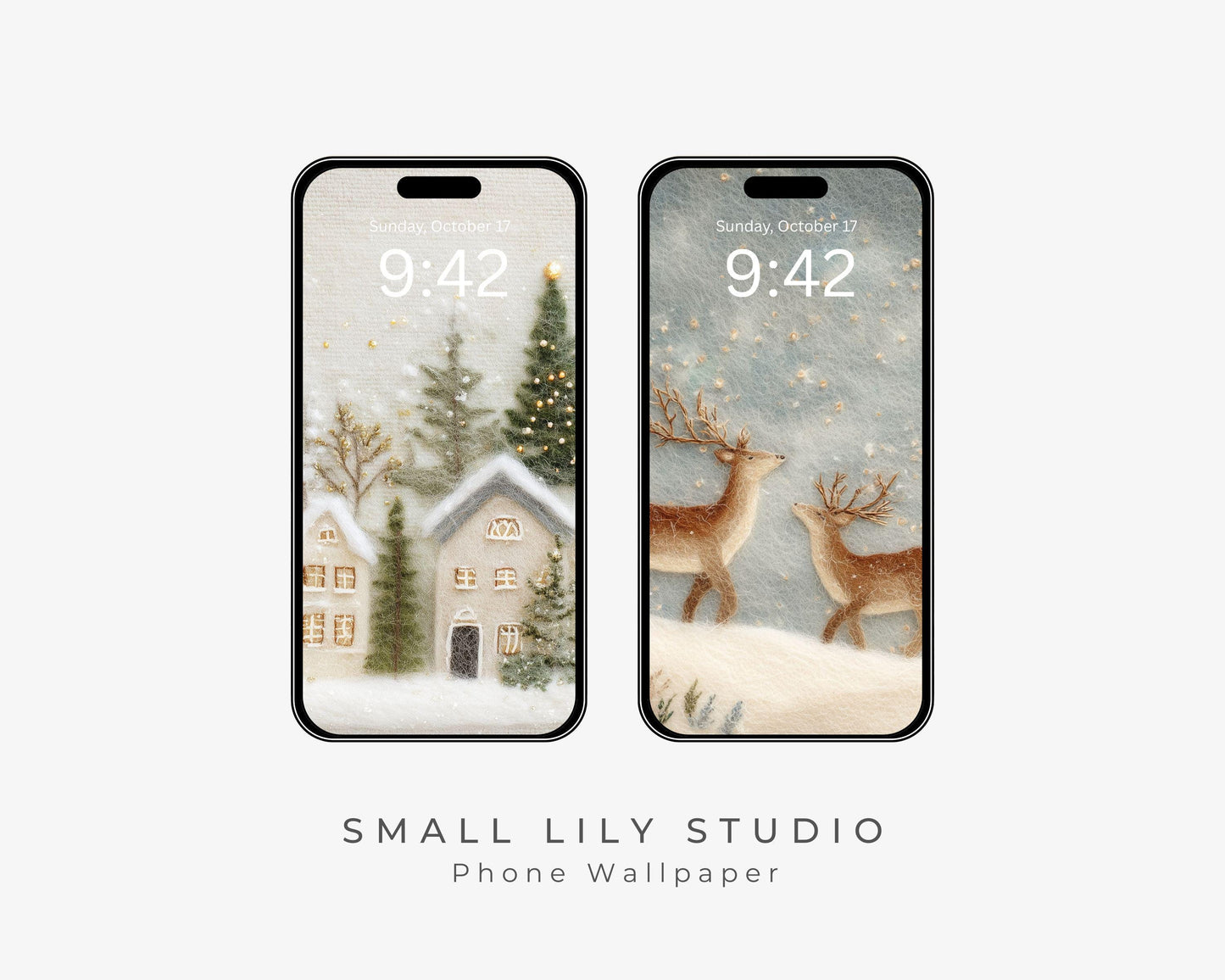 Christmas Phone Wallpaper Set of 2, Cute Felt Style iPhone Wallpapers, Winter Holiday Samsung Galaxy Phone Background | WPB003