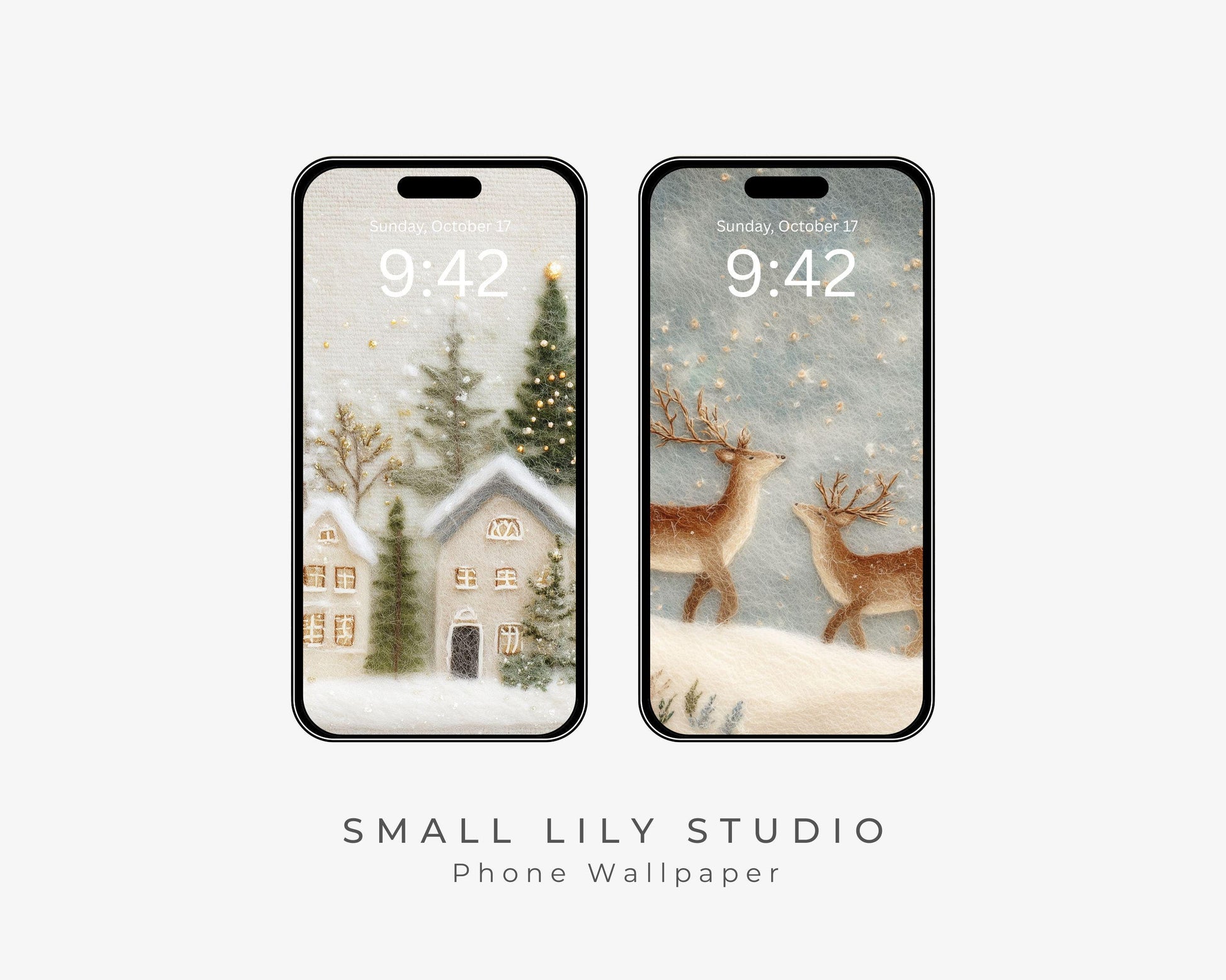 Christmas Phone Wallpaper Set of 2, Cute Felt Style iPhone Wallpapers, Winter Holiday Samsung Galaxy Phone Background | WPB003