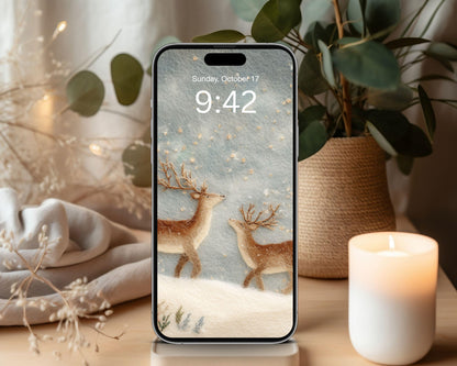 Christmas Phone Wallpaper Set of 2, Cute Felt Style iPhone Wallpapers, Winter Holiday Samsung Galaxy Phone Background | WPB003